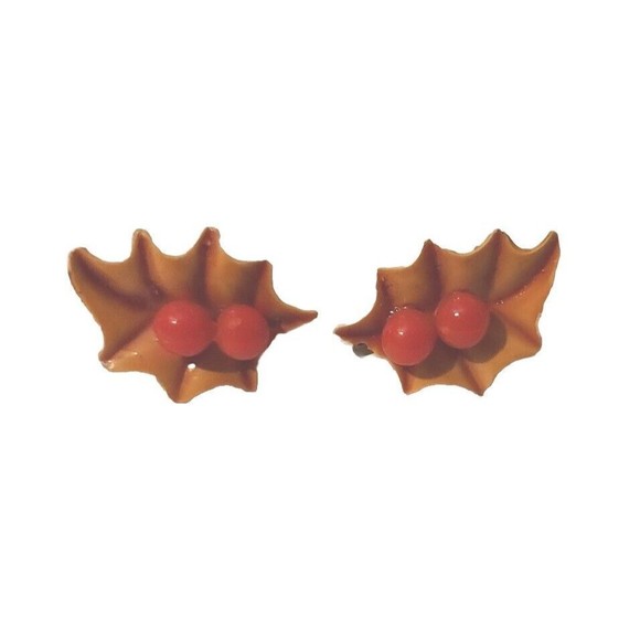 Vintage 50s/60s Christmas Holly Red Berry Leaves Enamel Screw-Back Earrings - Picture 2 of 6